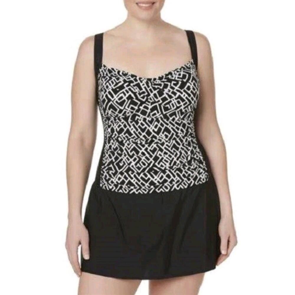 Tropical Escape Geometric Swim Dress Plus Size 20W Black One-Piece Swimsuit- New